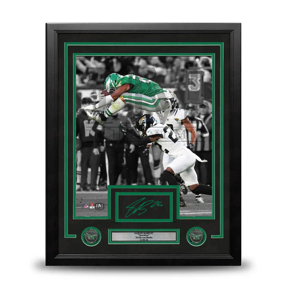 Saquon Barkley Reverse Hurdle Philadelphia Eagles Autographed 11x14 Framed Photo with Cut Signature - Sports Collectibles, Sports Memorabilia, Sports Fan Shop, Sports Gifts