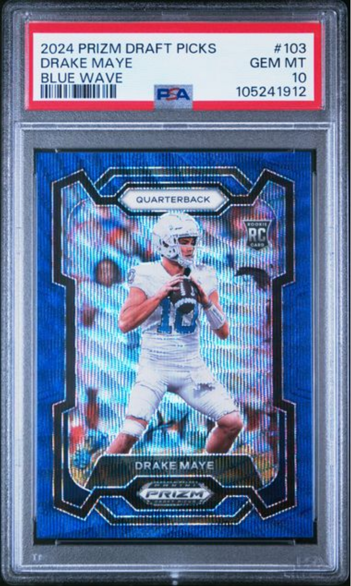 Graded 2024 Panini Prizm Draft Picks Drake Maye #103 Blue Wave /249 Rookie RC Football Card PSA 10 Gem Mint