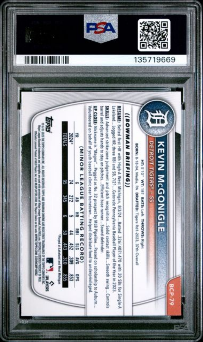 Graded 2025 Topps Bowman Chrome Mega Box Kevin McGonigle #79 Prospects Rookie RC Baseball Card PSA 10 Gem Mint