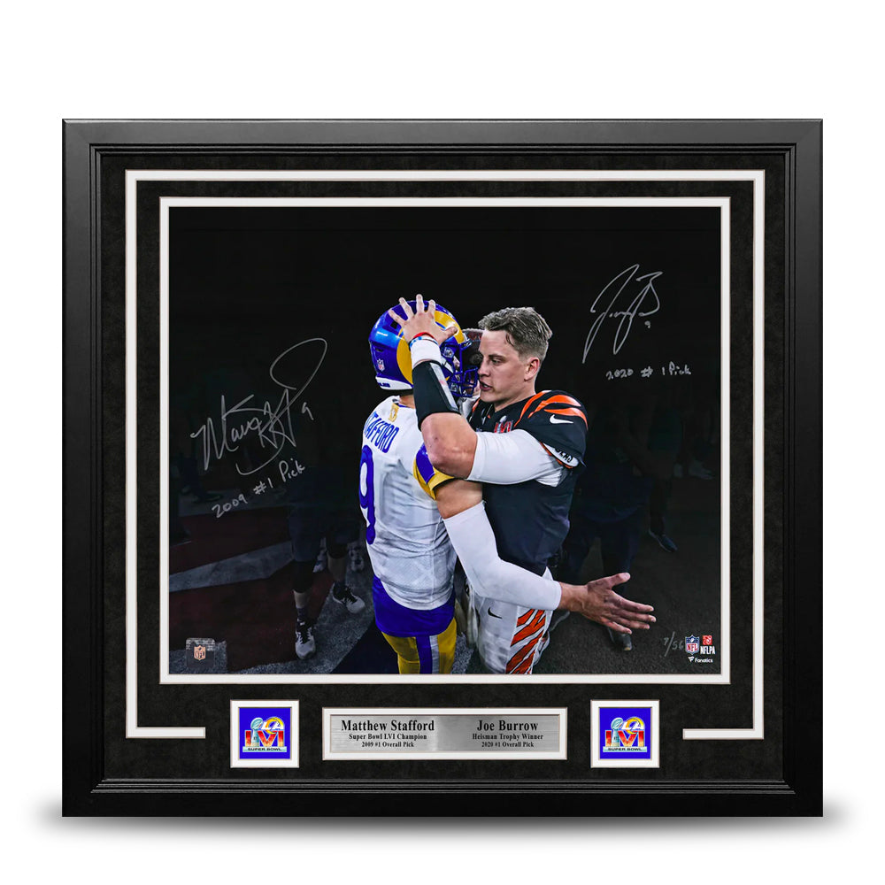 Matthew Stafford & Joe Burrow Autographed Super Bowl 16x20 Framed Football Photo Inscribed #1 Picks - Sports Collectibles, Sports Memorabilia, Sports Fan Shop, Sports Gifts