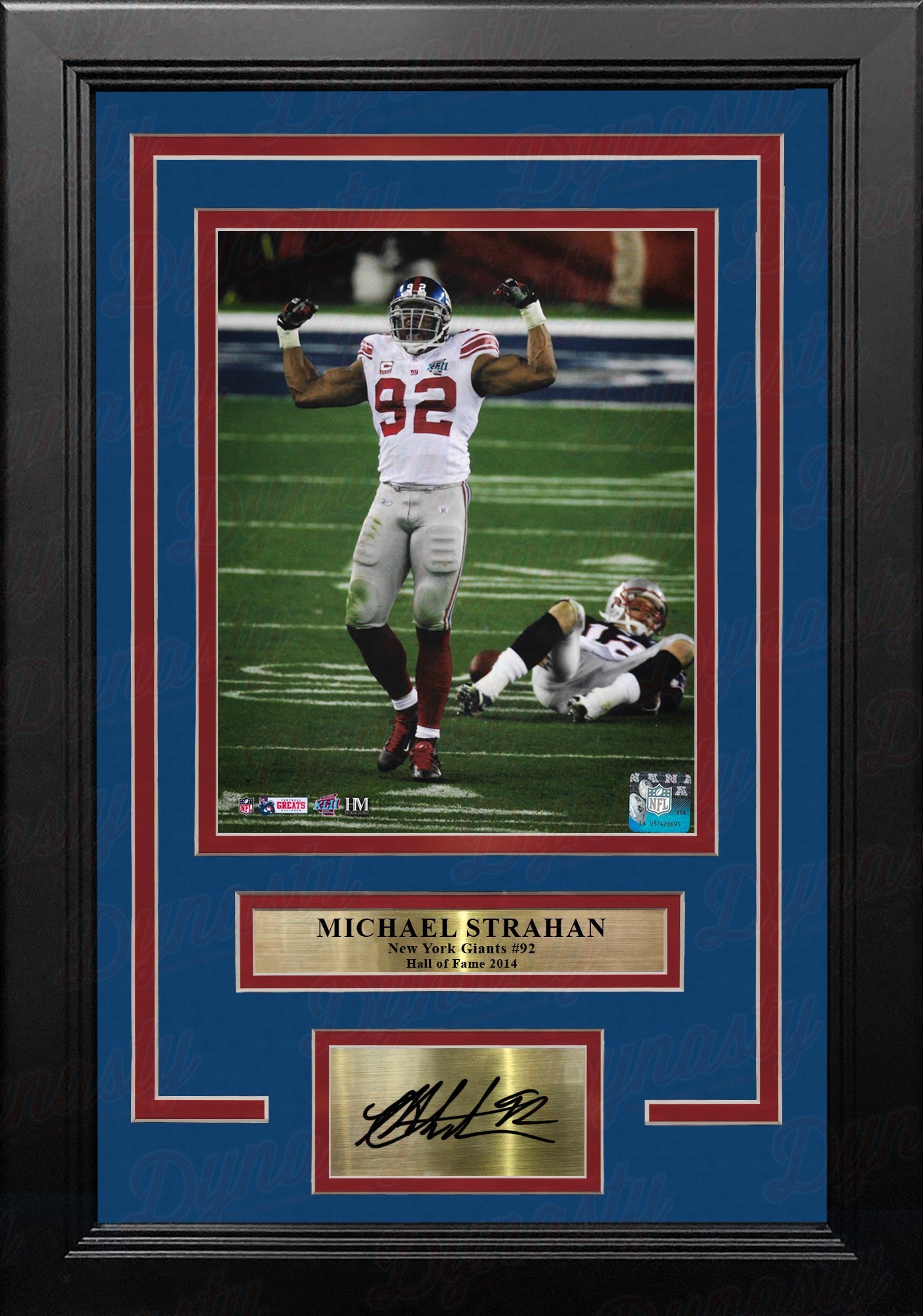 Michael Strahan Over Brady Super Bowl XLII NY Giants 8x10 Framed Photo with Engraved Autograph - Sports Collectibles, Sports Memorabilia, Sports Fan Shop, Sports Gifts
