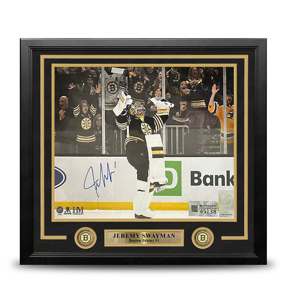 Jeremy Swayman Celebration Boston Bruins Autographed 16" x 20" Framed Hockey Photo - Sports Collectibles, Sports Memorabilia, Sports Fan Shop, Sports Gifts