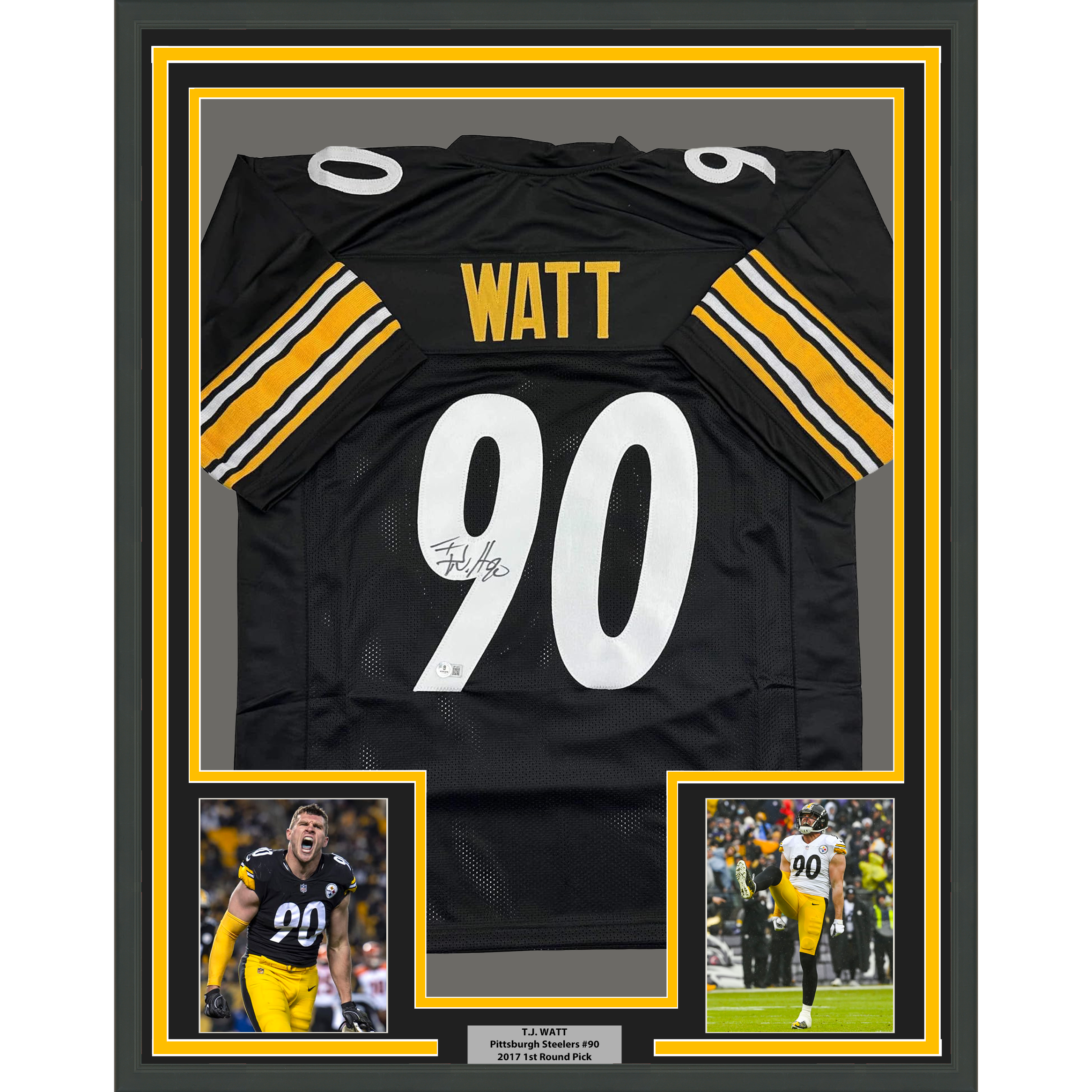 Framed Autographed/Signed T.J. Watt 35x39 Pittsburgh Black Football Jersey Beckett BAS COA