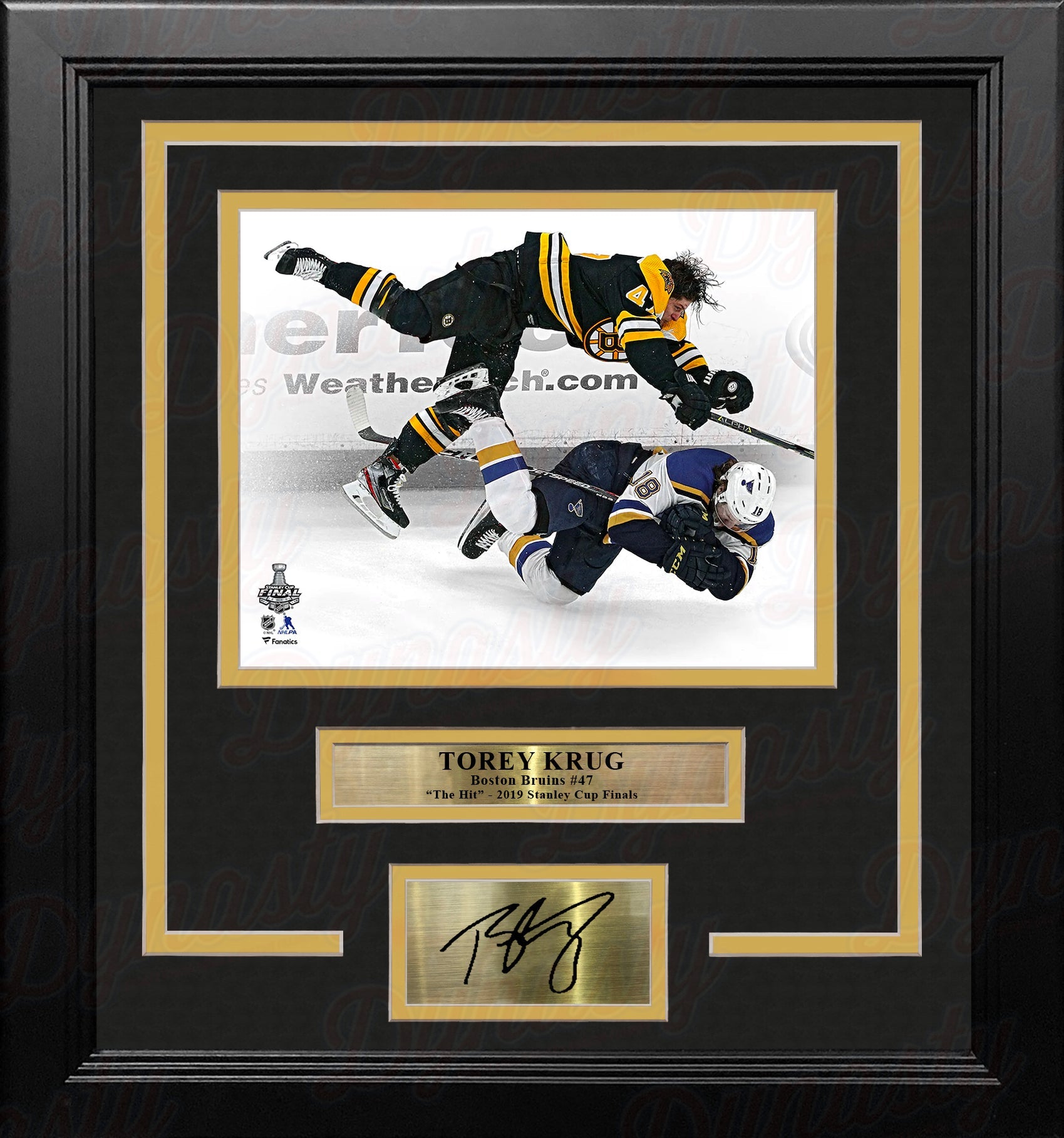 Torey Krug Boston Bruins 2019 Stanley Cup Finals Hit 8x10 Framed Photo with Engraved Autograph - Sports Collectibles, Sports Memorabilia, Sports Fan Shop, Sports Gifts