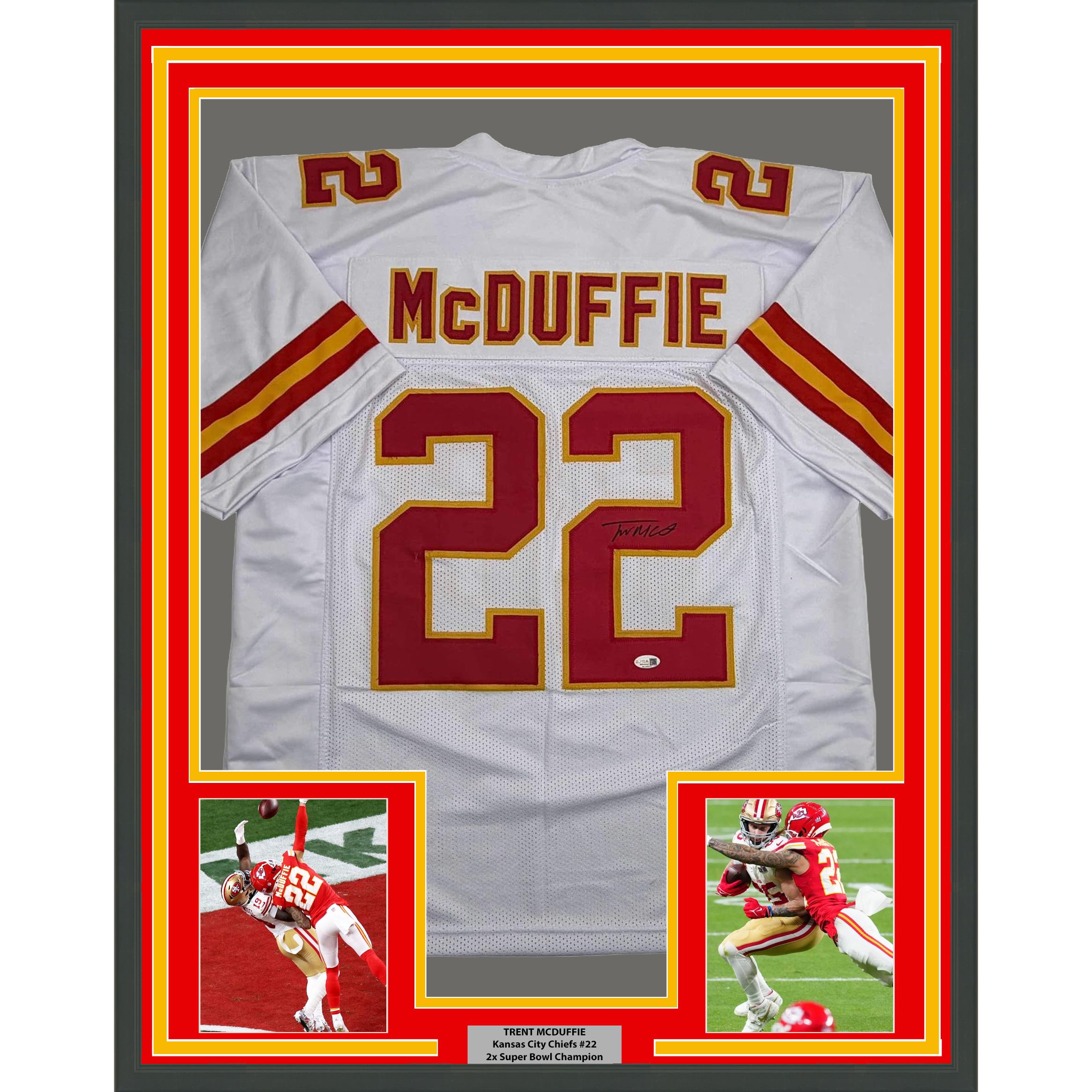Framed Autographed/Signed Trent McDuffie 35x39 Kansas City White Football Jersey JSA COA