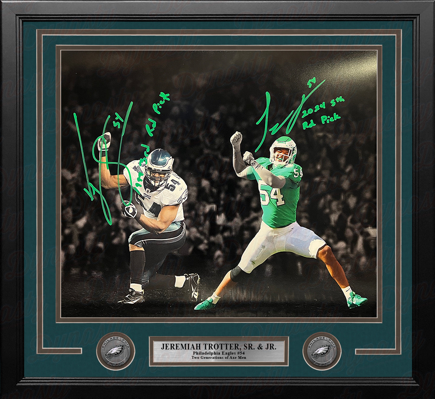 Jeremiah Trotter Sr & Jr Philadelphia Eagles Autographed 16x20 Framed Photo with Draft Inscriptions - Sports Collectibles, Sports Memorabilia, Sports Fan Shop, Sports Gifts