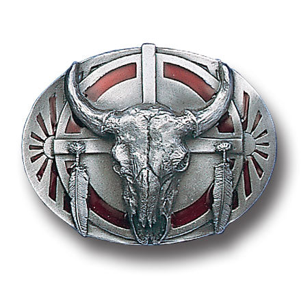Buffalo Skull/Feathers Enameled Belt Buckle