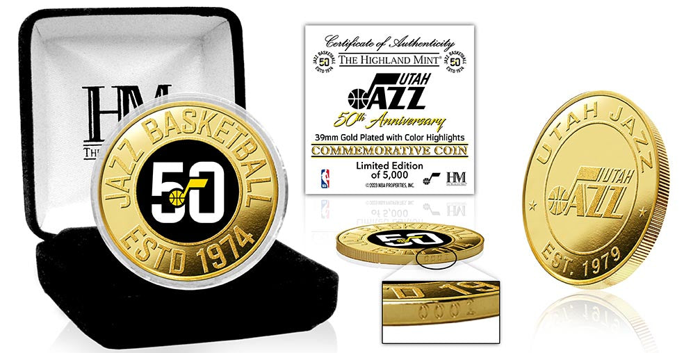 Utah Jazz 50th Anniversary Gold Mint Color Coin - Sports Collectibles, Sports Memorabilia, Sports Fan Shop, Sports Gifts