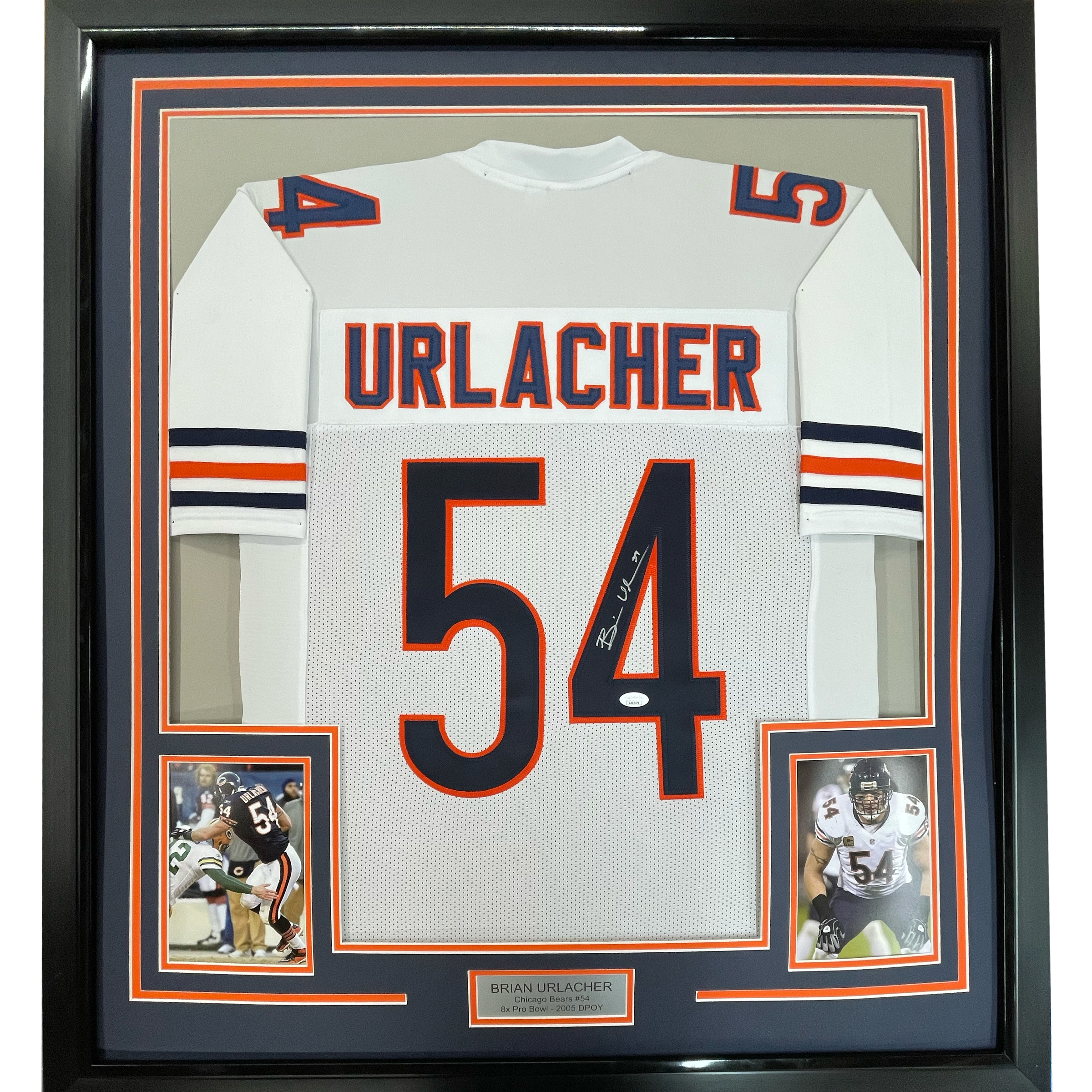 Framed Autographed/Signed Brian Urlacher 35x39 Chicago White Football Jersey Beckett BAS COA