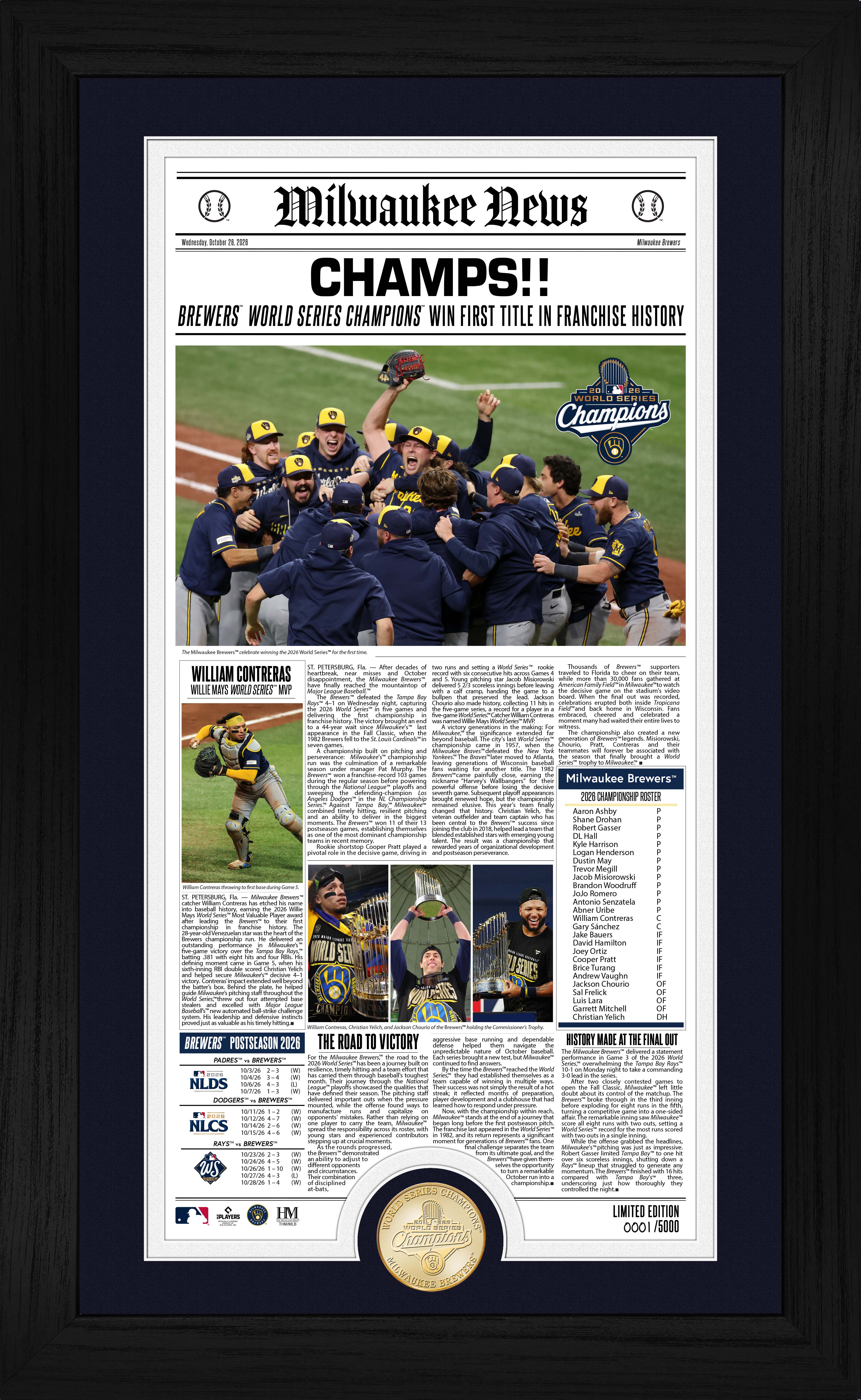 Milwaukee Brewers 2026 World Series Champions Front Page News Bronze Coin Photo Mint