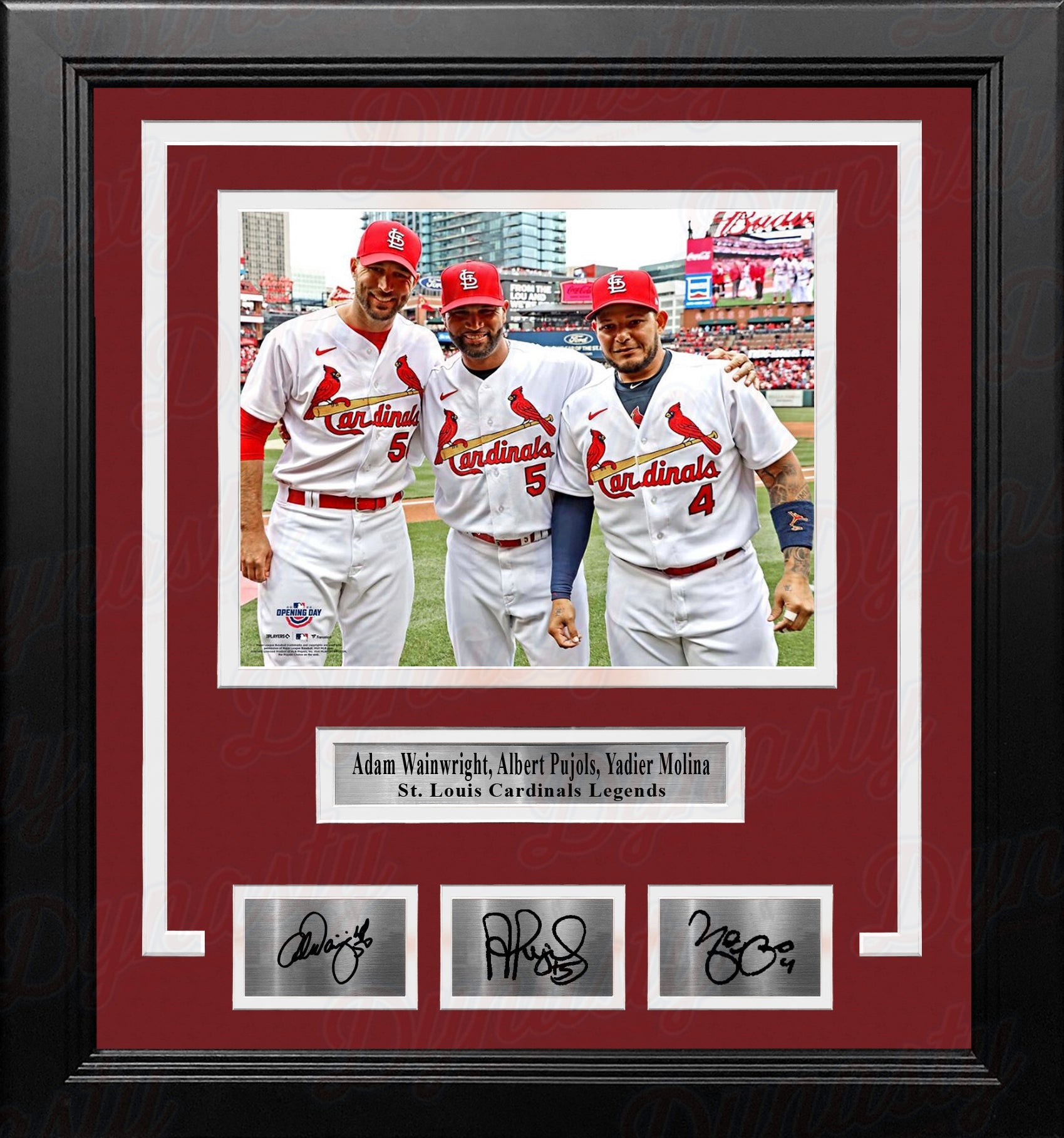 Adam Wainwright, Albert Pujols, & Yadier Molina Cardinals 8x10 Framed Photo with Engraved Autographs - Sports Collectibles, Sports Memorabilia, Sports Fan Shop, Sports Gifts