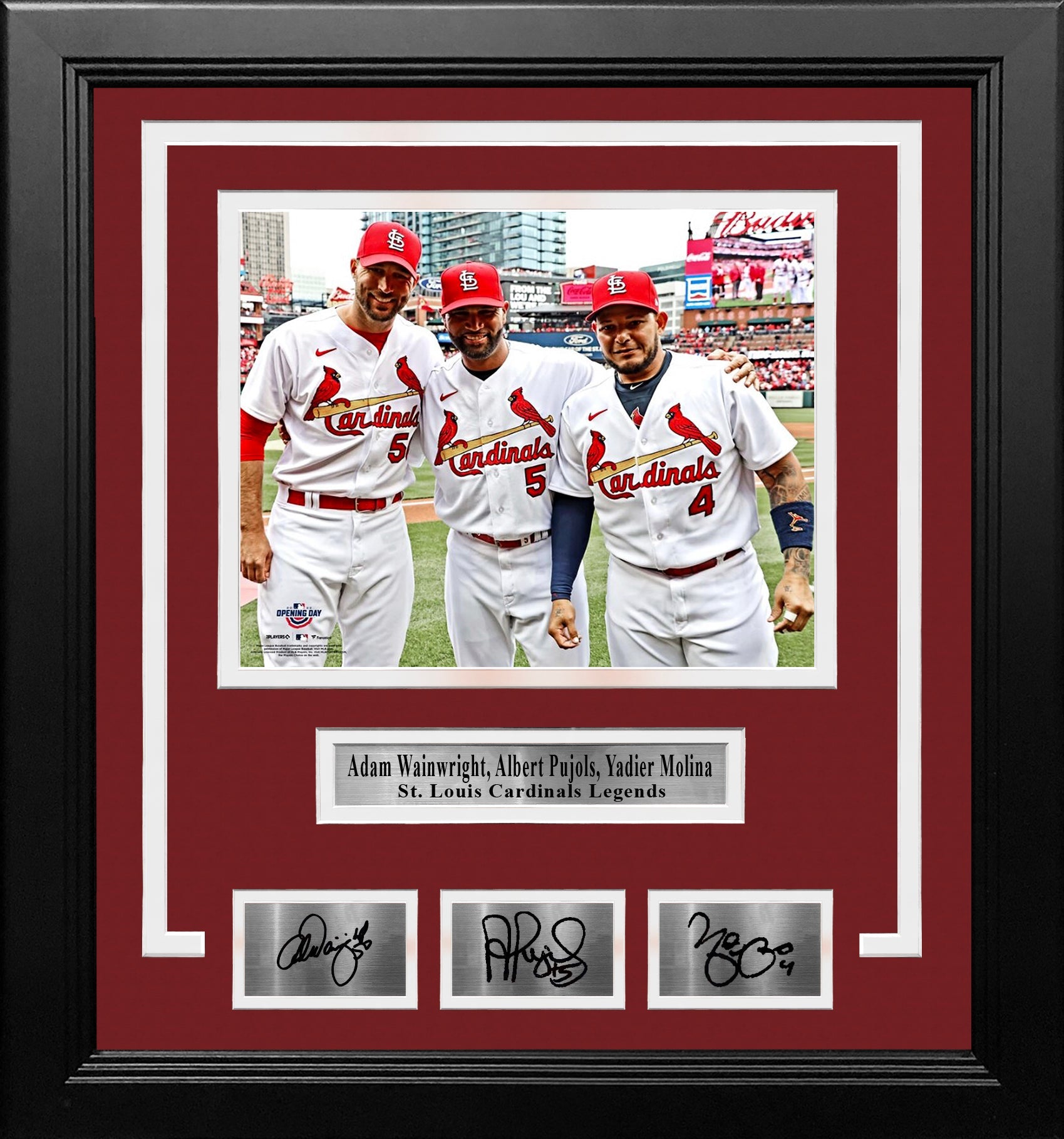 Adam Wainwright, Albert Pujols, & Yadier Molina Cardinals 8x10 Framed Photo with Engraved Autographs - Sports Collectibles, Sports Memorabilia, Sports Fan Shop, Sports Gifts