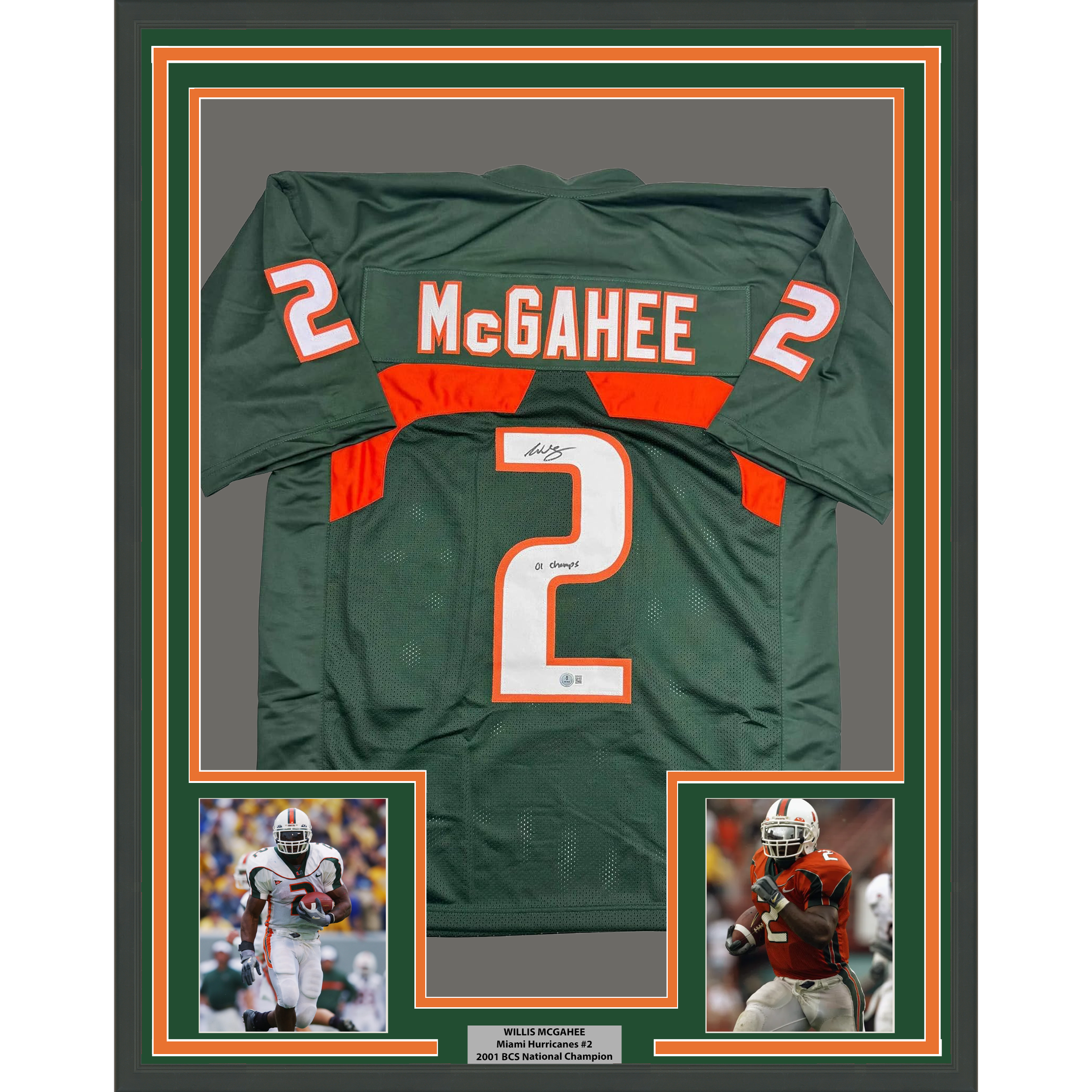 Framed Autographed/Signed Willis McGahee "01 Champs" 35x3 Miami Green College Football Jersey Beckett BAS COA