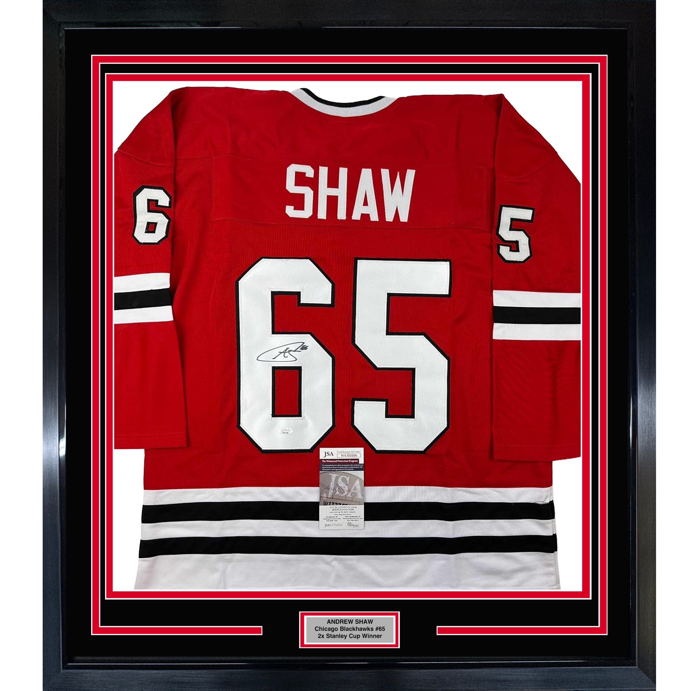 Framed Autographed/Signed Andrew Shaw 35x39 Chicago Red Hockey Jersey JSA COA