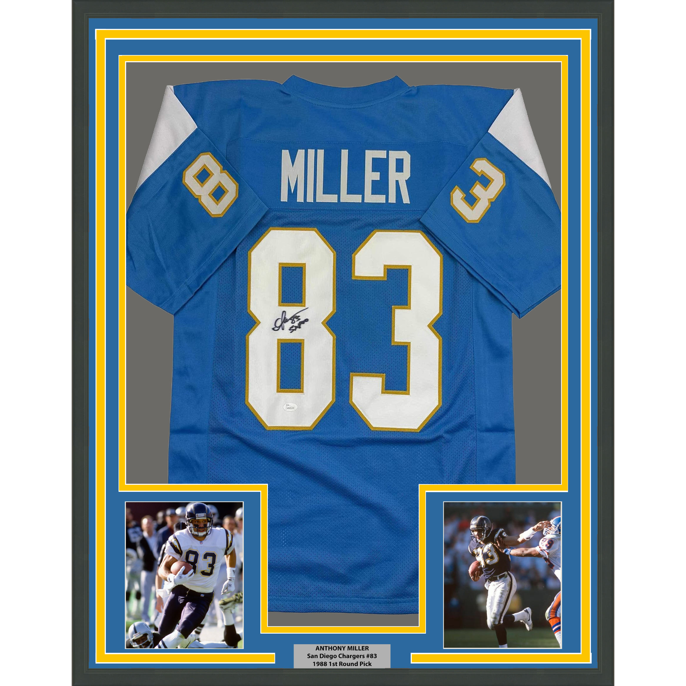 Framed Autographed/Signed Anthony Miller 35x39 San Diego Los Angeles LA Powder Blue Football Jersey JSA COA