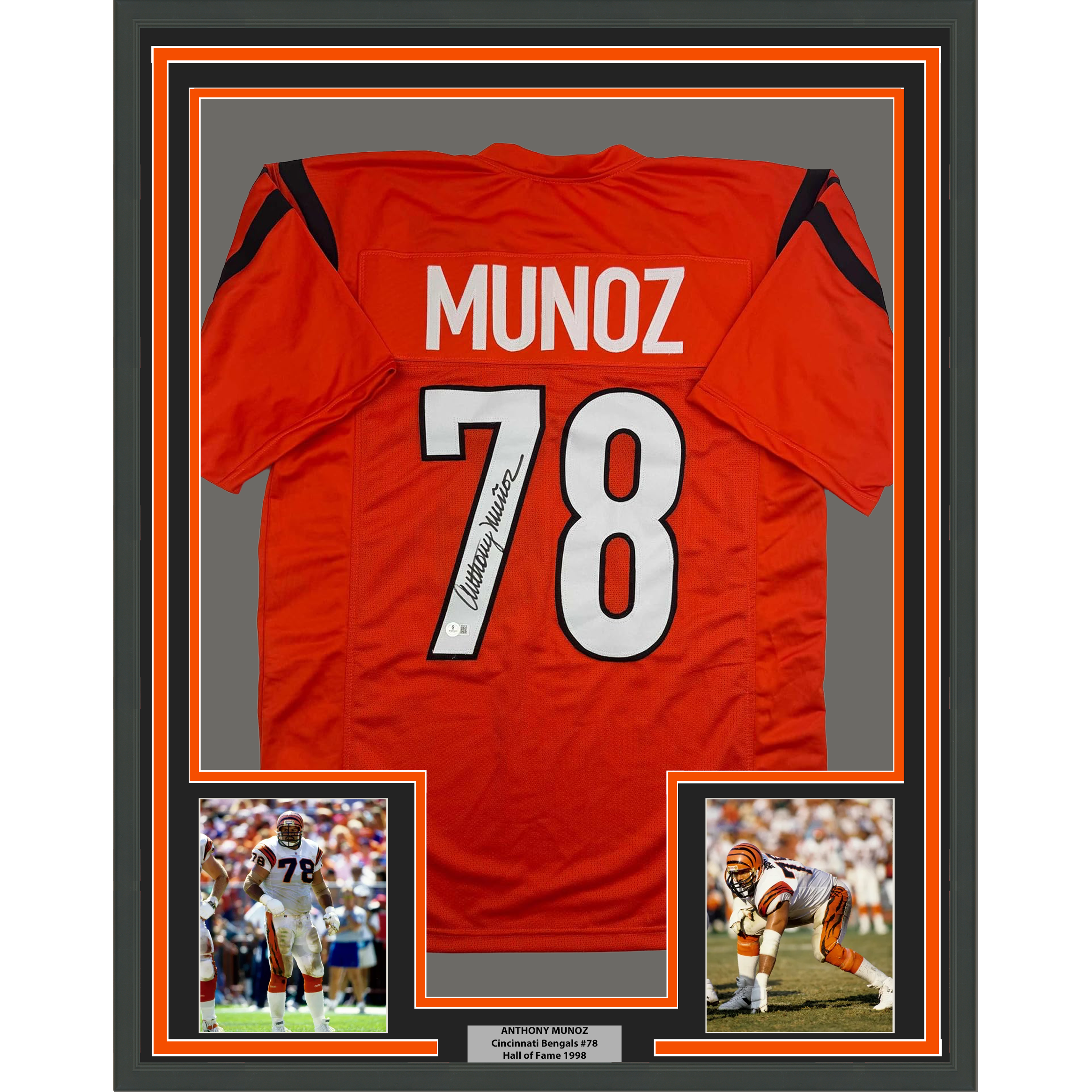 Framed Autographed/Signed Anthony Munoz 35x39 Cincinnati Orange Football Jersey Beckett BAS COA