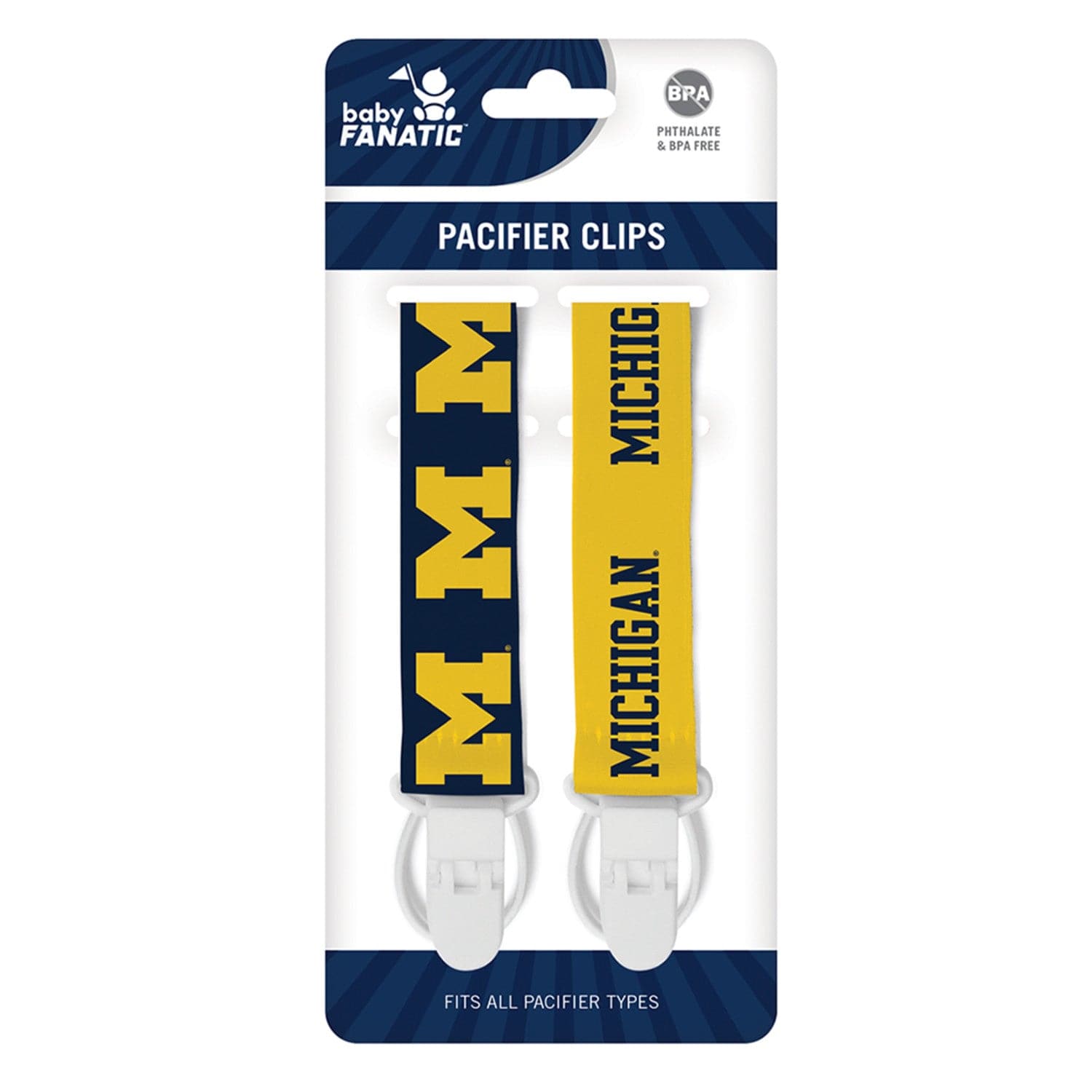 Michigan Wolverines Pacifier Clip 2-Pack - Baby Accessories - Sports Gifts, Sports Memorabilia, Sports Collectibles, Fan Shop