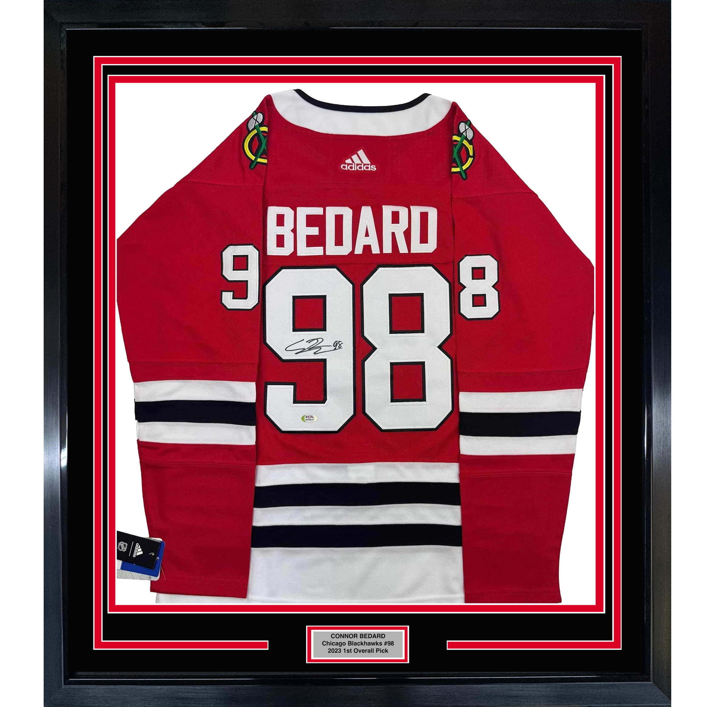 Framed Autographed/Signed Connor Bedard 35x39 Chicago Blackhawks Red Hockey Jersey PSA COA