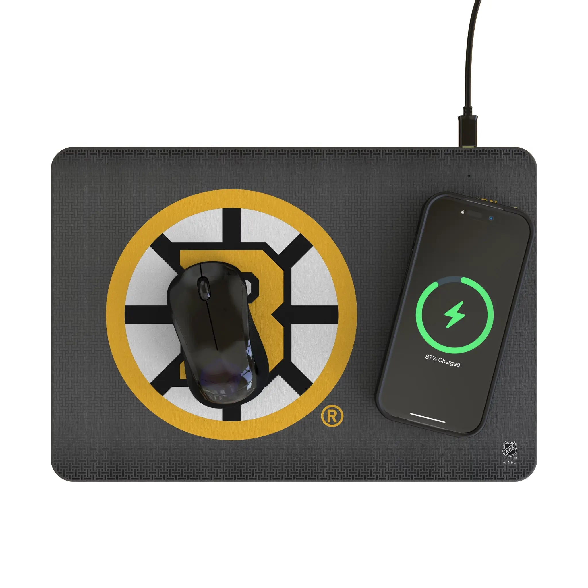 Boston Bruins Linen 15-Watt Wireless Charger and Mouse Pad