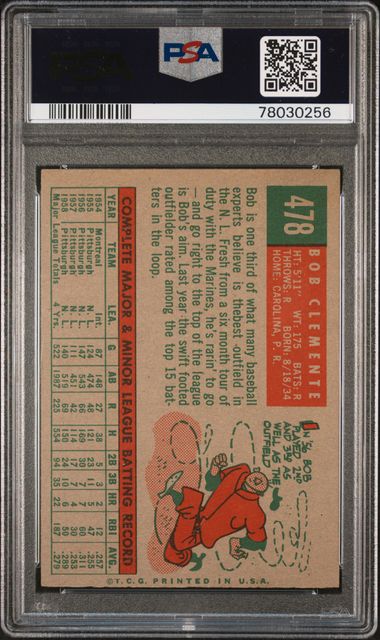 Graded 1959 Topps Bob Roberto Clemente #478 Baseball Card PSA 2 Good