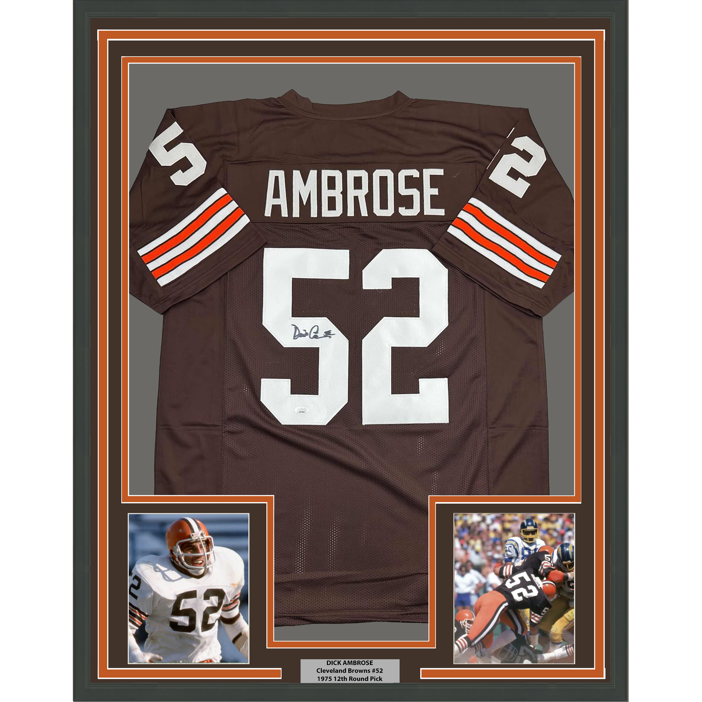 Framed Autographed/Signed Dick Ambrose 35x39 Cleveland Brown Football Jersey JSA COA