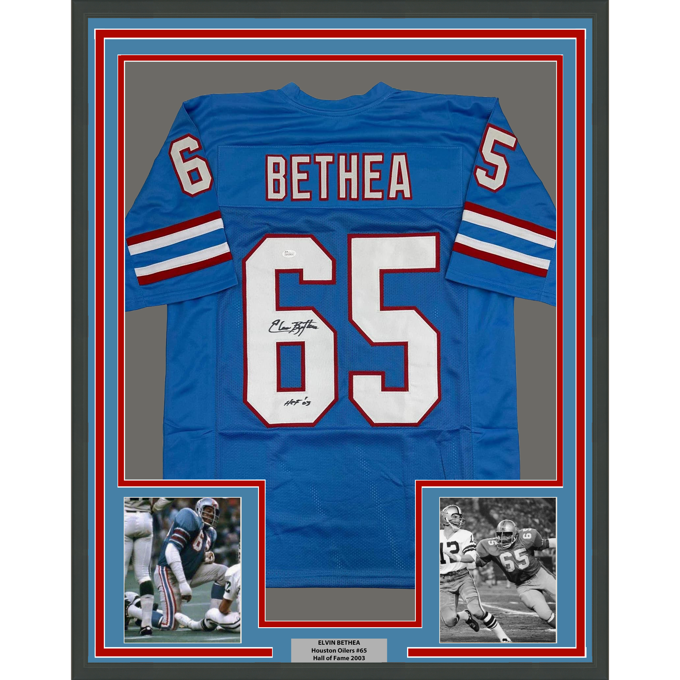 Framed Autographed/Signed Elvin Bethea 35x39 HOF 03 Tennessee Retro Light Blue Football Jersey JSA COA