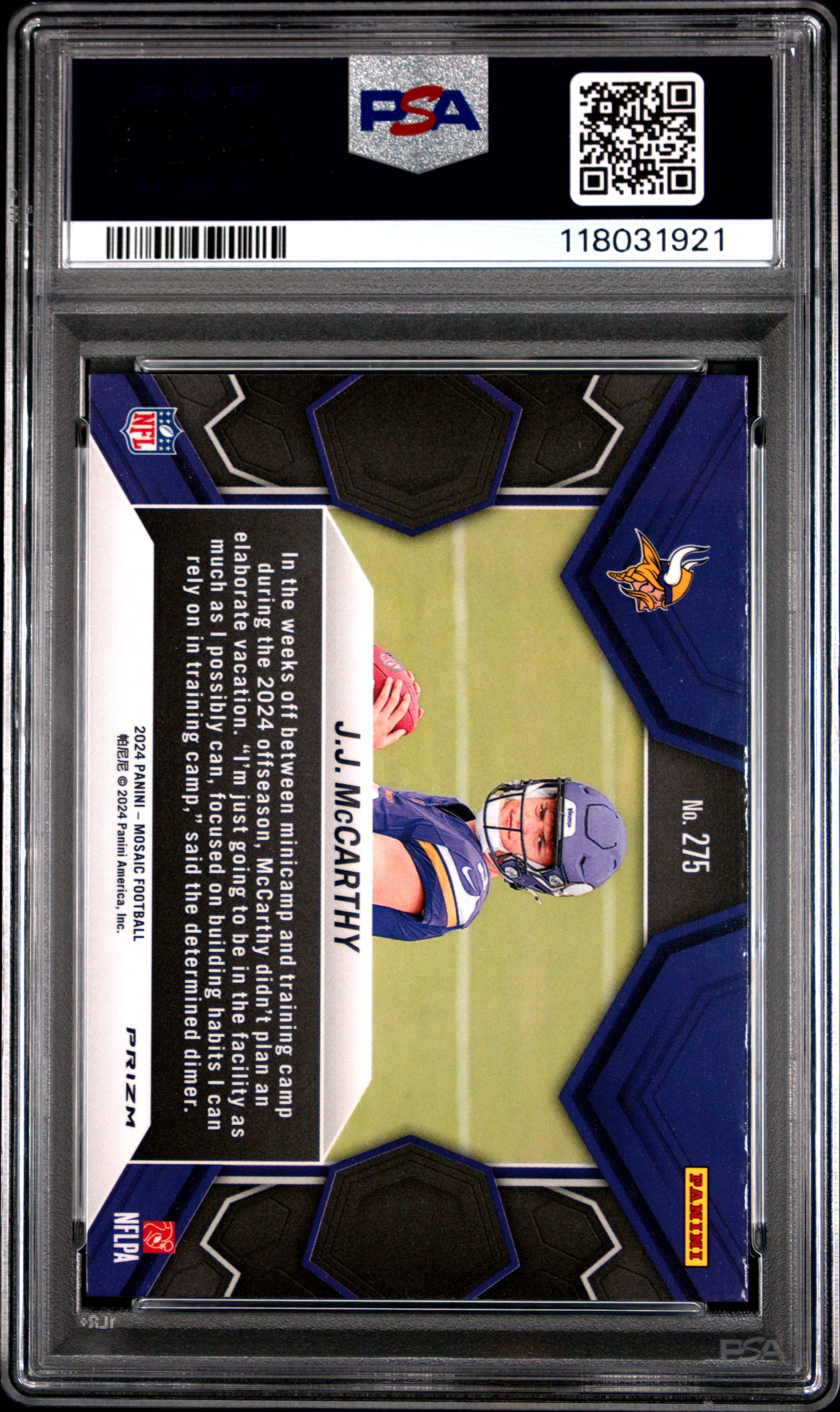 Graded 2024 Panini Mosaic JJ McCarthy #275 Camo Pink Rookie RC Football Card PSA 10 Gem Mint