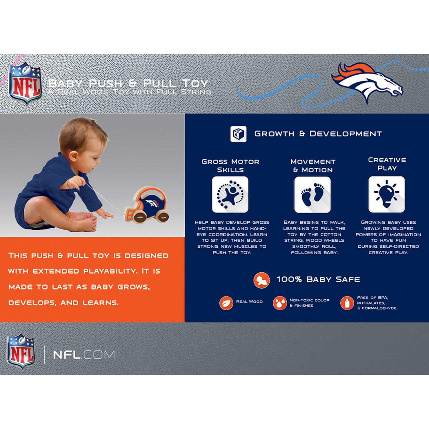 Denver Broncos Push & Pull Baby Toy - Sports Gifts, Sports Memorabilia, Sports Collectibles, Fan Shop