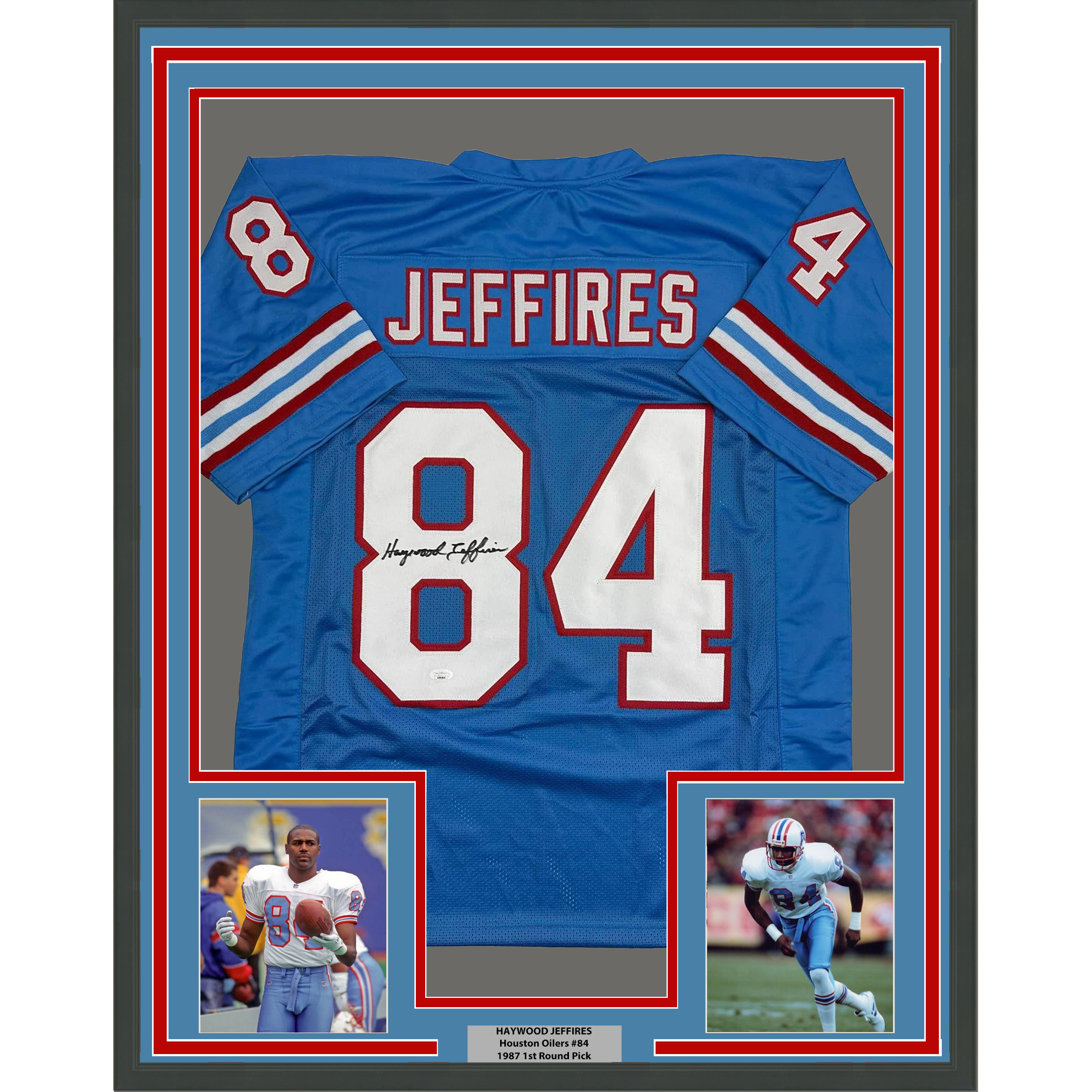 Framed Autographed/Signed Haywood Jeffires 35x39 Tennessee Retro Light Blue Football Jersey JSA COA