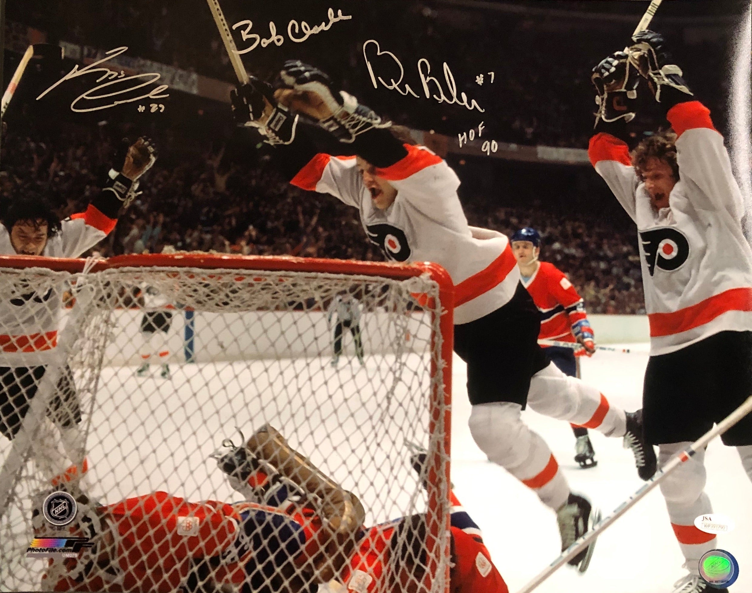 LCB Line (Bob Clarke/Bill Barber/Reggie Leach) Goal Philadelphia Flyers Autographed 16x20 Photo - Sports Collectibles, Sports Memorabilia, Sports Fan Shop, Sports Gifts