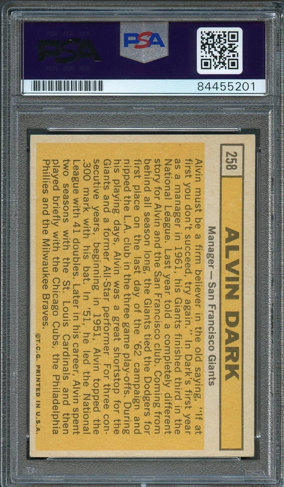 1963 Topps Set Break #258 Alvin Dark Signed Score Card PSA Slabbed Auto Giants - Sports Collectibles, Sports Memorabilia, Sports Fan Shop, Sports Gifts