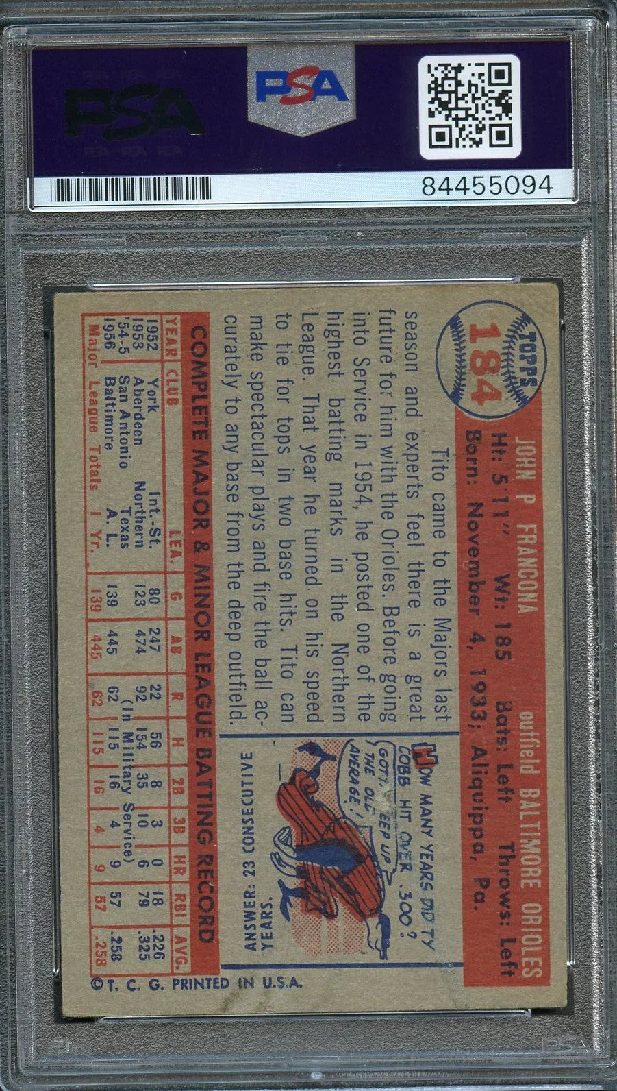 1957 Topps #184 TITO FRANCONA Signed Card PSA Slabbed Auto Orioles - Sports Collectibles, Sports Memorabilia, Sports Fan Shop, Sports Gifts