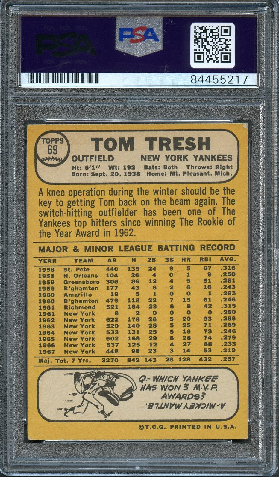 1969 TOPPS #212 TOM TRESH Signed Card PSA Slabbed Auto Yankees - Sports Collectibles, Sports Memorabilia, Sports Fan Shop, Sports Gifts