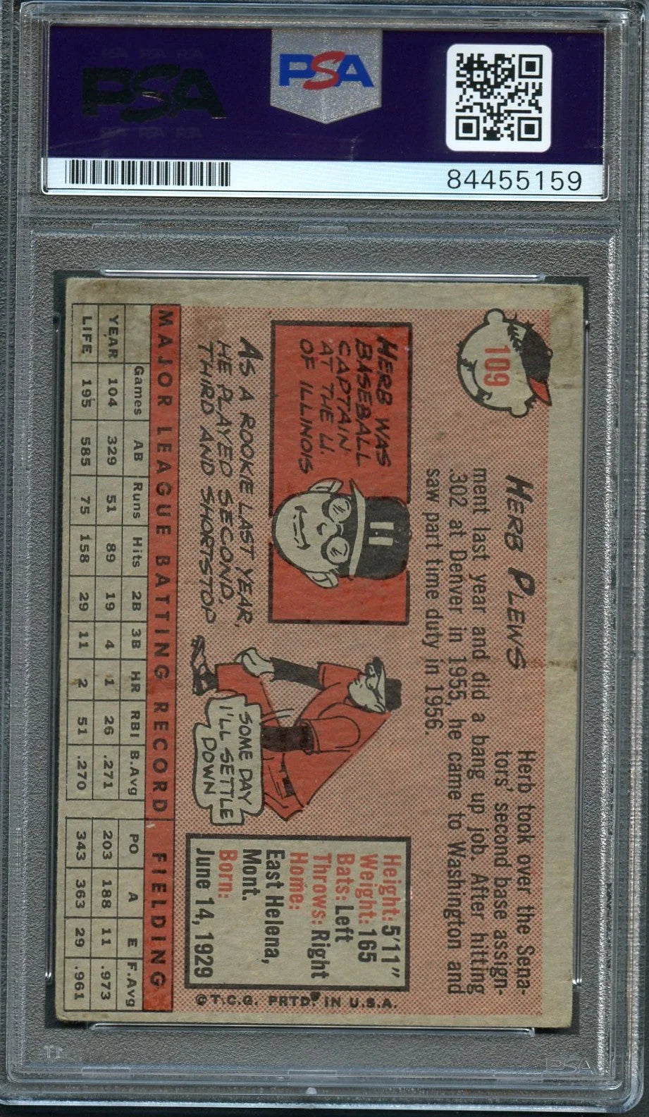 1958 Topps #109 Herb Plews Signed Card PSA Slabbed Auto Senators - Sports Collectibles, Sports Memorabilia, Sports Fan Shop, Sports Gifts