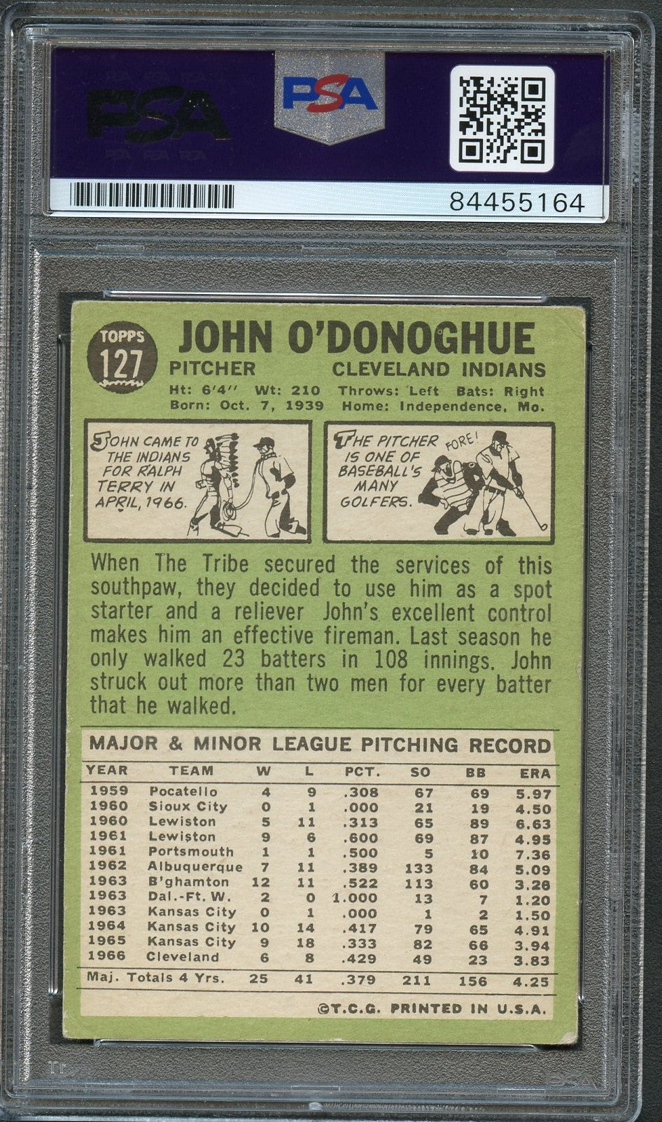 1967 Topps #127 John O'Donoghue Signed Card PSA Slabbed Auto Cleveland - Sports Collectibles, Sports Memorabilia, Sports Fan Shop, Sports Gifts
