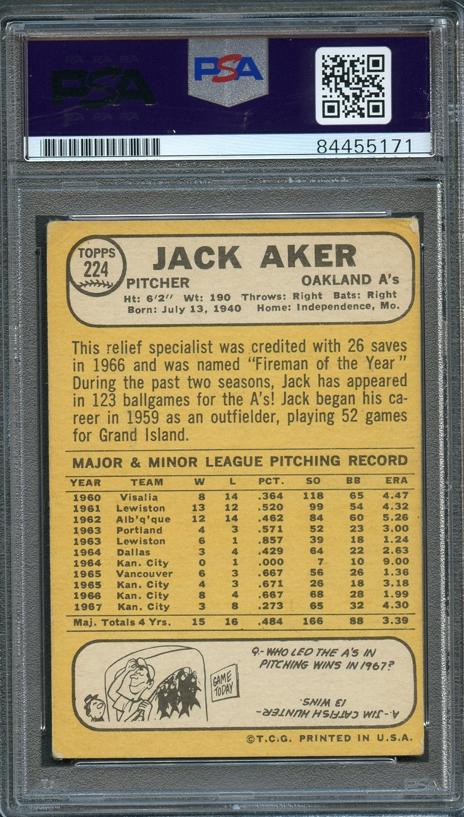 1968 Topps #224 Jack Aker Signed Card PSA Slabbed Auto A's - Sports Collectibles, Sports Memorabilia, Sports Fan Shop, Sports Gifts
