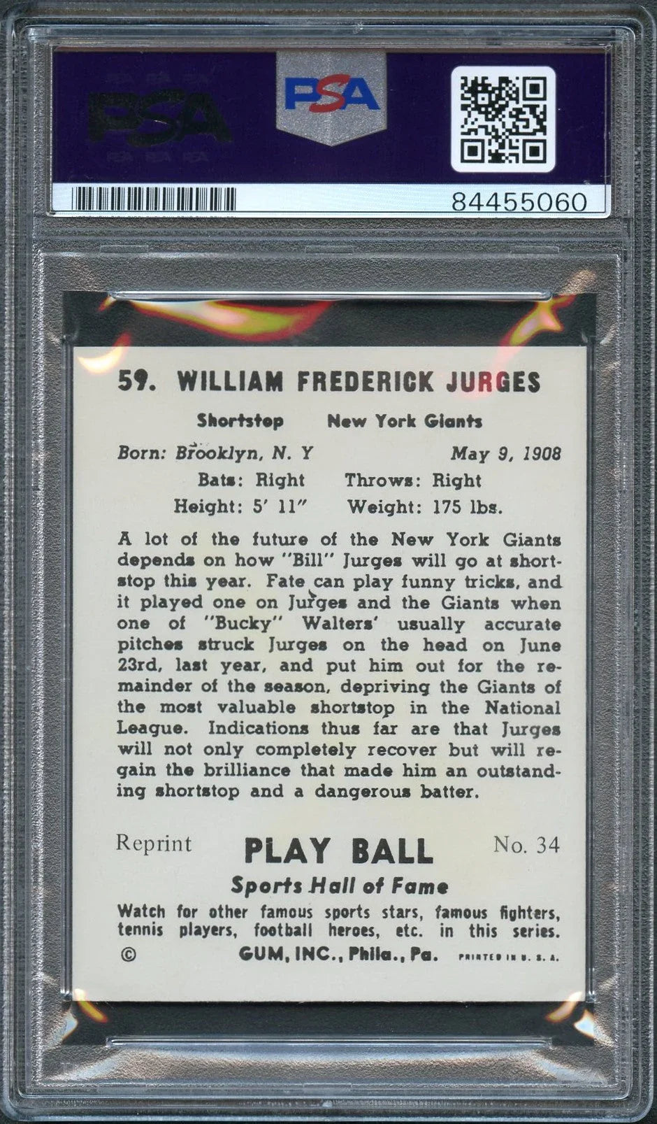 1941 Play Ball #59 Bill Jurges Signed Card PSA Slabbed Auto Giants - Sports Collectibles, Sports Memorabilia, Sports Fan Shop, Sports Gifts