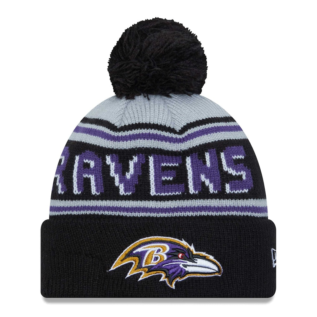 Men's New Era Black Baltimore Ravens Main Cuffed Knit Hat with Pom - Sports Gifts, Sports Memorabilia, Sports Collectibles, Fan Shop