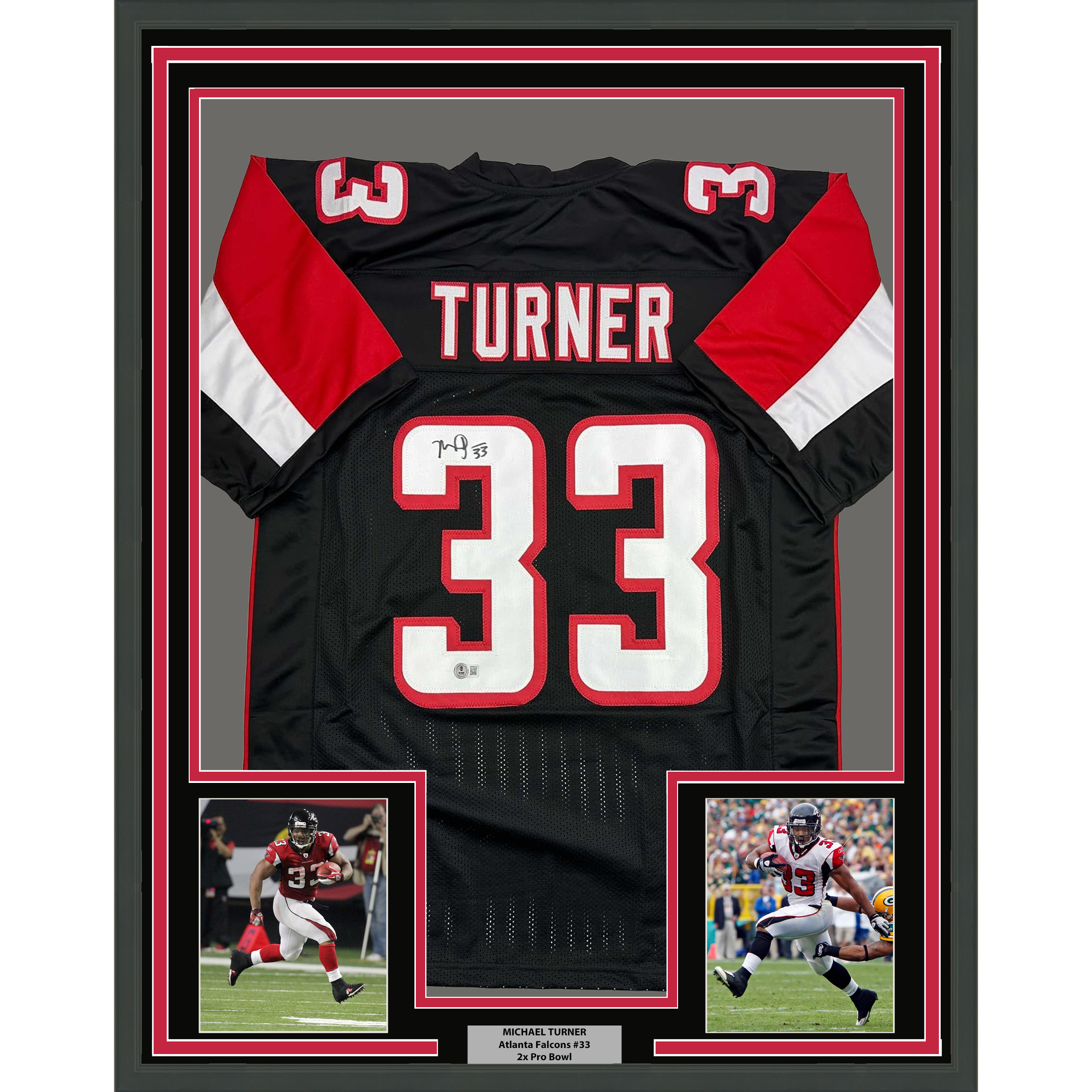 Framed Autographed/Signed Michael Turner 35x39 Atlanta Black Football Jersey Beckett BAS COA