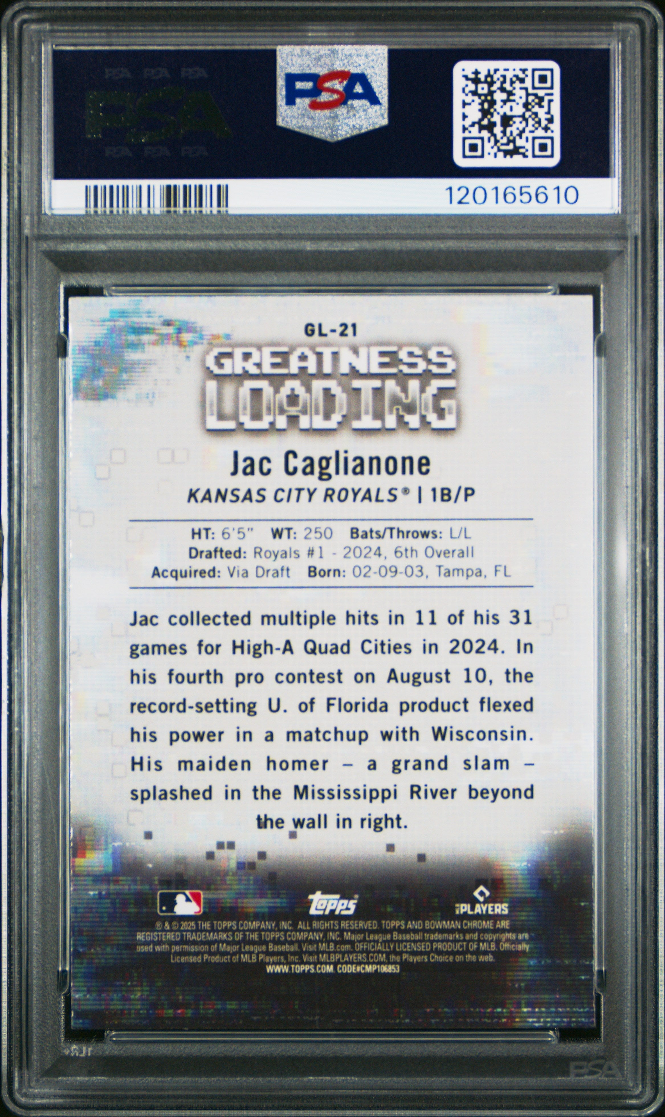 Graded 2025 Topps Bowman Jac Caglianone #GL21 Greatness Loading Rookie RC Baseball Card PSA 10 Gem Mint