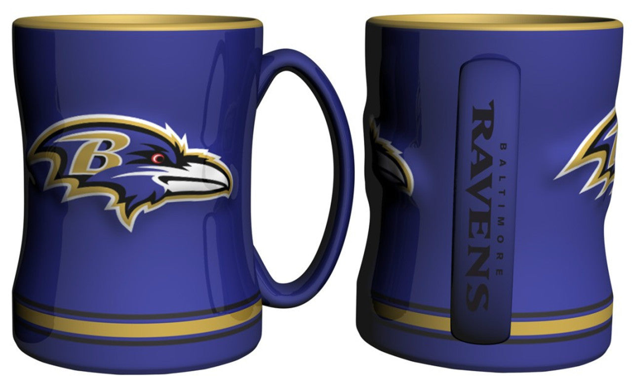 Baltimore Ravens Coffee Mug 14oz Sculpted Relief Team Color - Sports Collectibles, Sports Memorabilia, Sports Fan Shop, Sports Gifts