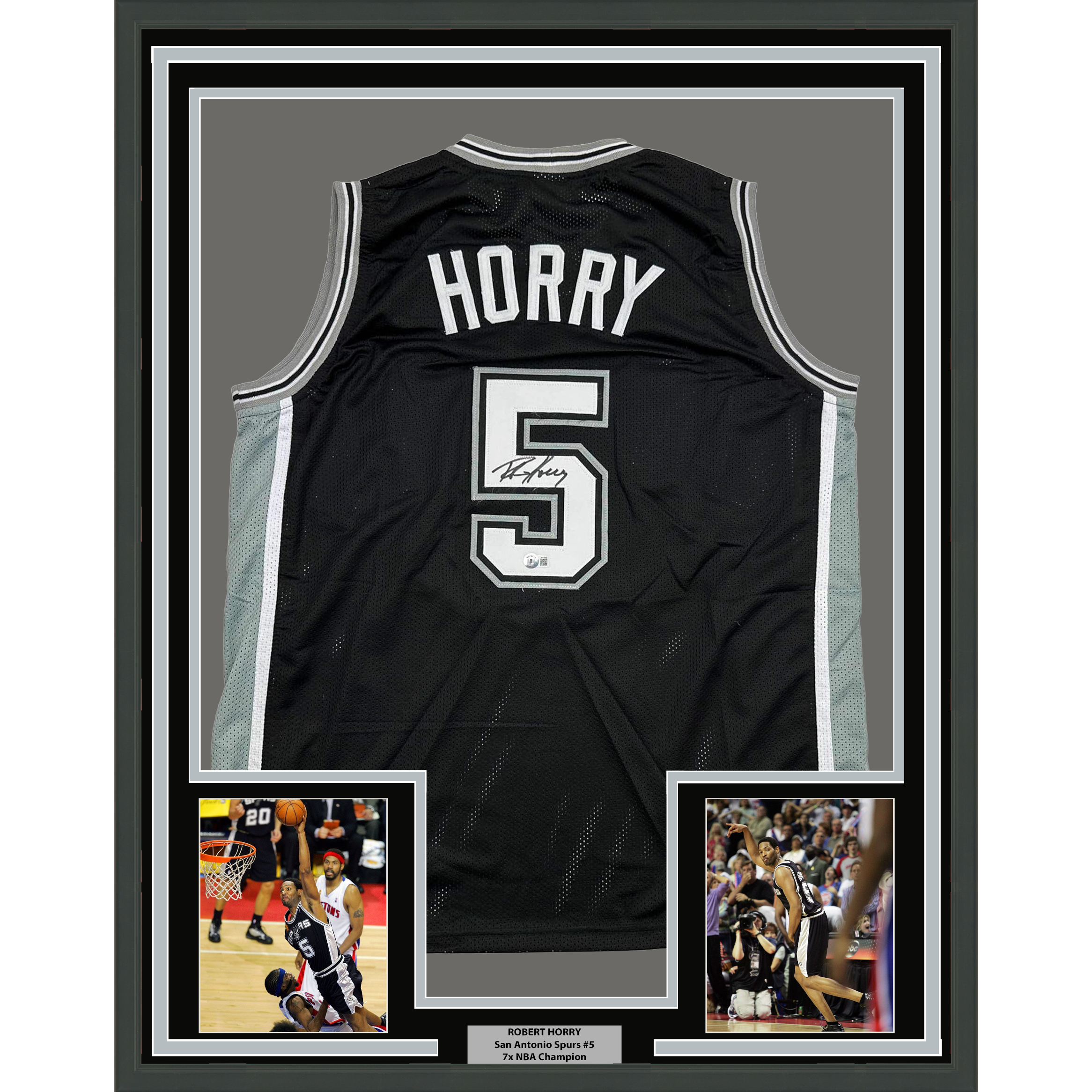 Framed Autographed/Signed Robert Horry 35x39 San Antonio Black Basketball Jersey Beckett BAS COA