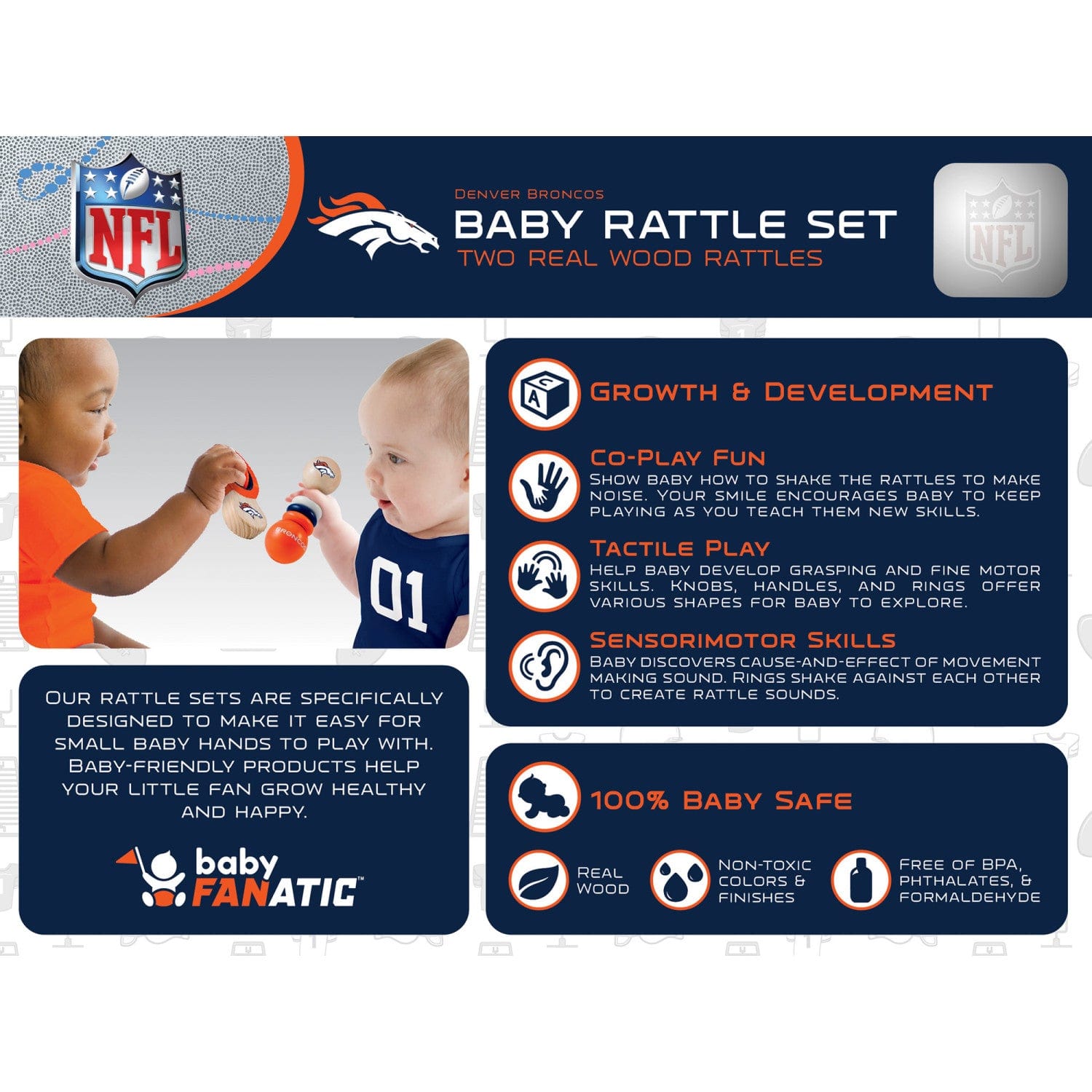 Denver Broncos Baby Rattles 2-Pack - Perfect for Little Fans! - Sports Gifts, Sports Memorabilia, Sports Collectibles, Fan Shop