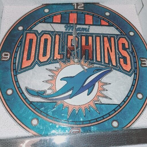 Miami Dolphins Art Glass Wall Clock - Sports Collectibles, Sports Memorabilia, Sports Fan Shop, Sports Gifts