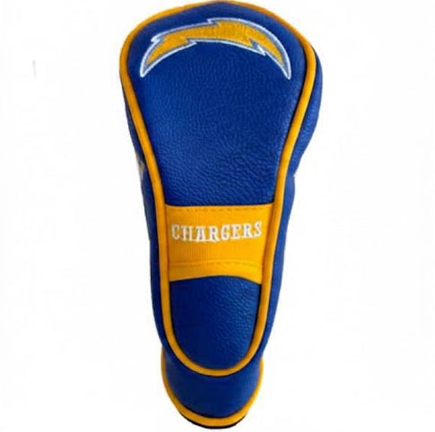 Blue and yellow golf club head cover with 'Chargers' branding on a white background