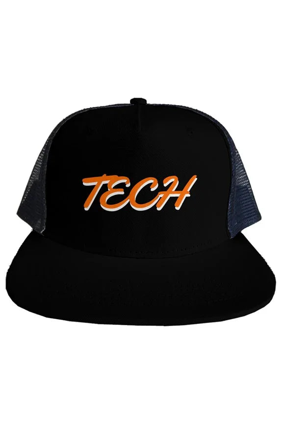 Tech Script Orange & Blk Snapback Trucker Mesh Hat