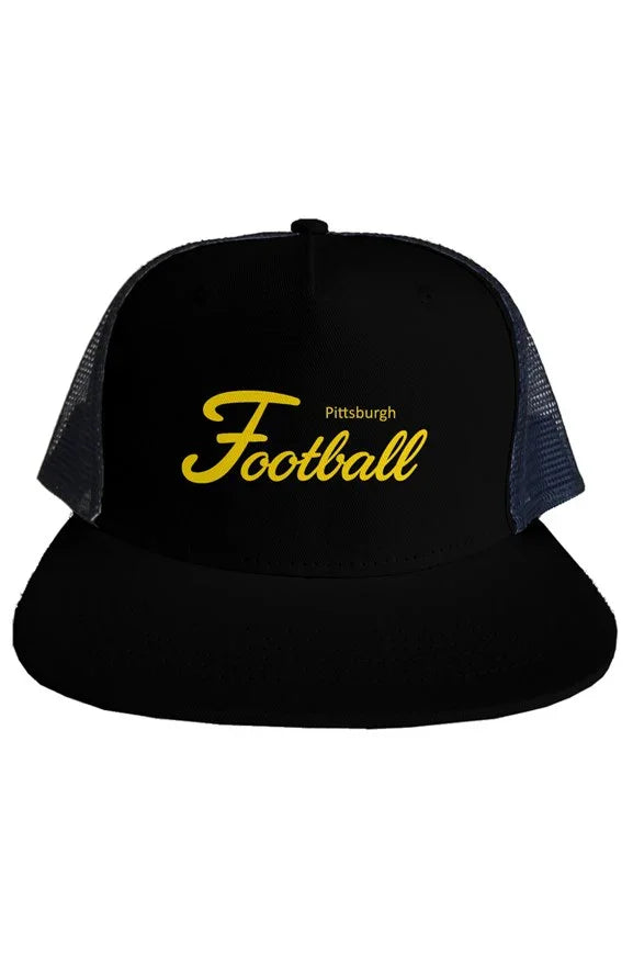 Pittsburgh Football Script Blk & Yellow Snapback Trucker Mesh Hat Cap