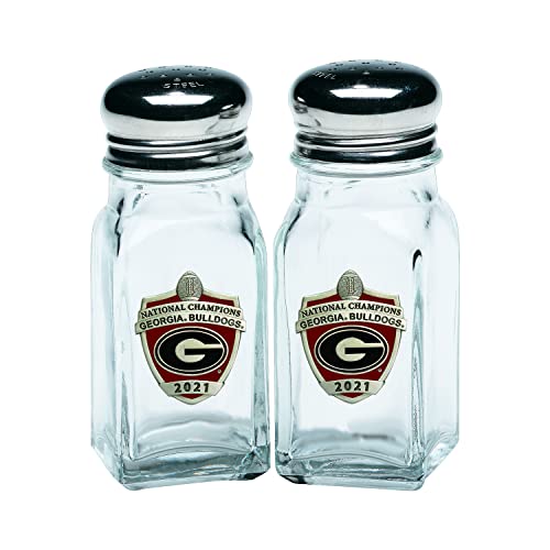 Heritage Pewter 2021-2022 National Champions Georgia Bulldogs Salt and Pepper Shaker Set of 2 Bottles | Expertly Crafted Pewter Glass | Includes Carrying Rack with Handle - 757 Sports Collectibles