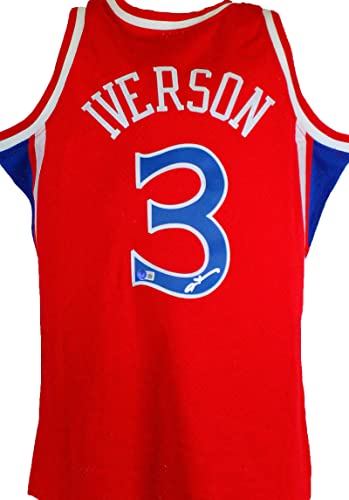 Allen Iverson Autographed 76ers Red Mitchell&Ness Hardwood Classic Swingman Jersey- Beckett W Hologram Silver - 757 Sports Collectibles