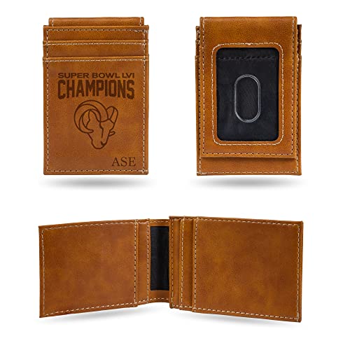 Rico Industries NFL Los Angeles Rams Personalized/Custom 2022 Super Bowl LVI Champions Laser Engraved Brown Front Pocket Wallet - 757 Sports Collectibles